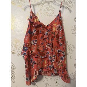 Parker Harper Ruffle Tank Blouse Medium Coral  Floral Spaghetti Straps 017